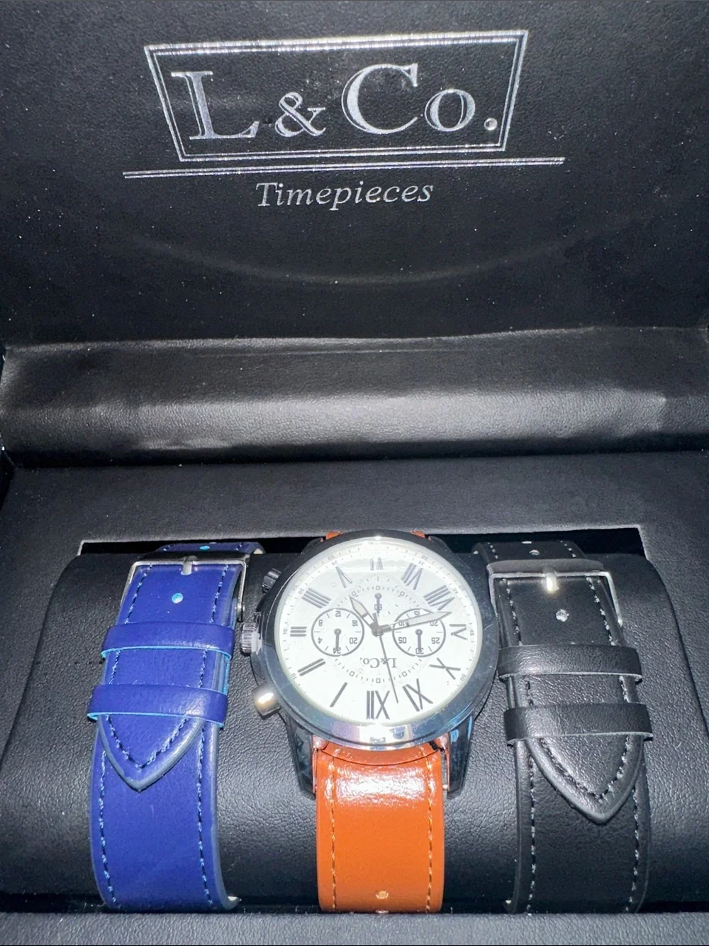 L & Co. Timepieces, Men's Black Watch Gift Box, featuring 3 band options